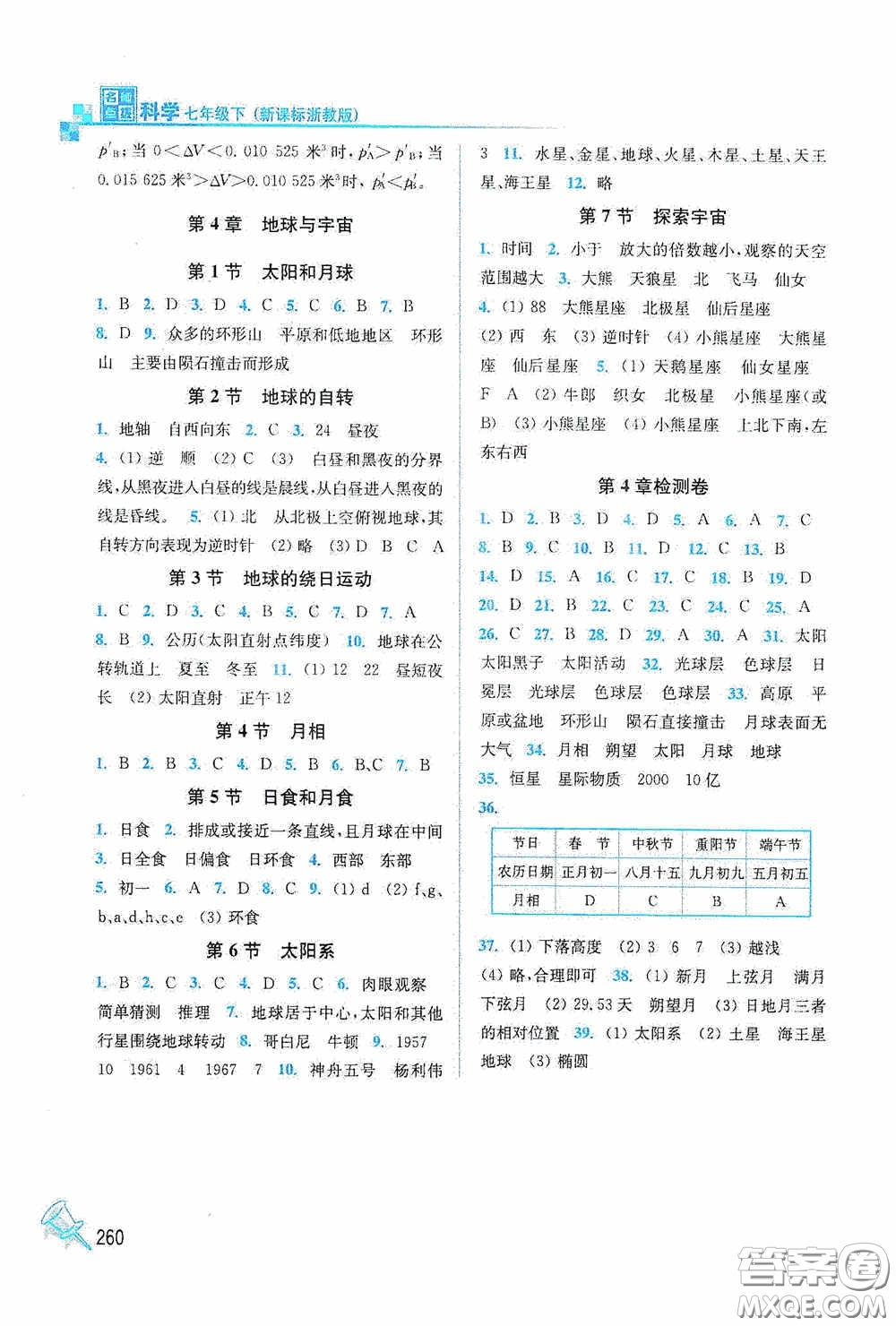 東南大學(xué)出版社2020名師點(diǎn)撥課課通教材全解析七年級(jí)科學(xué)下冊(cè)湘教版答案