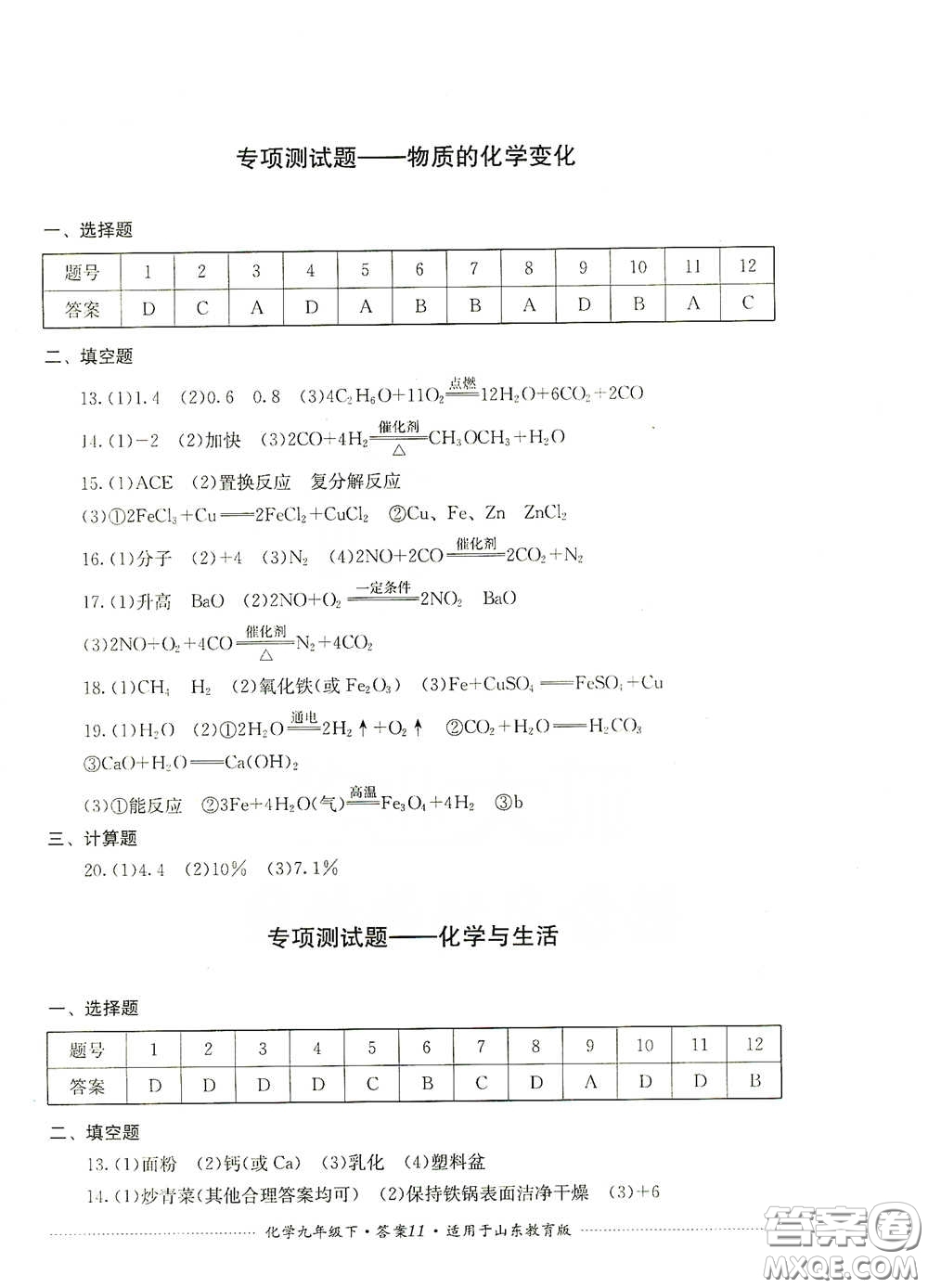 四川教育出版社2020課程標(biāo)準(zhǔn)初中單元測(cè)試九年級(jí)化學(xué)下冊(cè)山東教育版答案