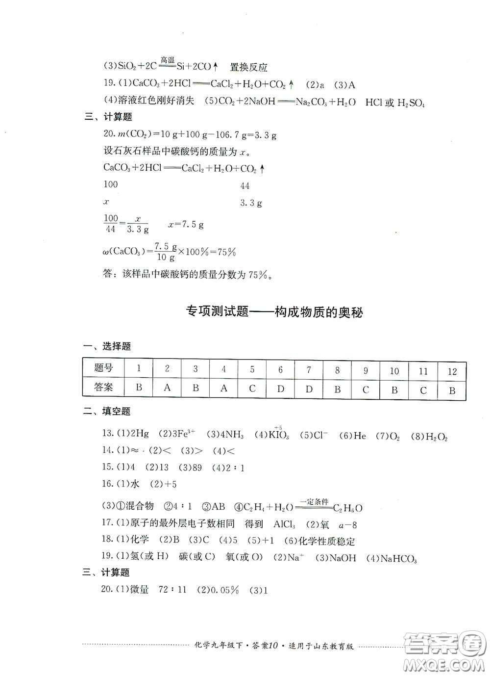 四川教育出版社2020課程標(biāo)準(zhǔn)初中單元測(cè)試九年級(jí)化學(xué)下冊(cè)山東教育版答案