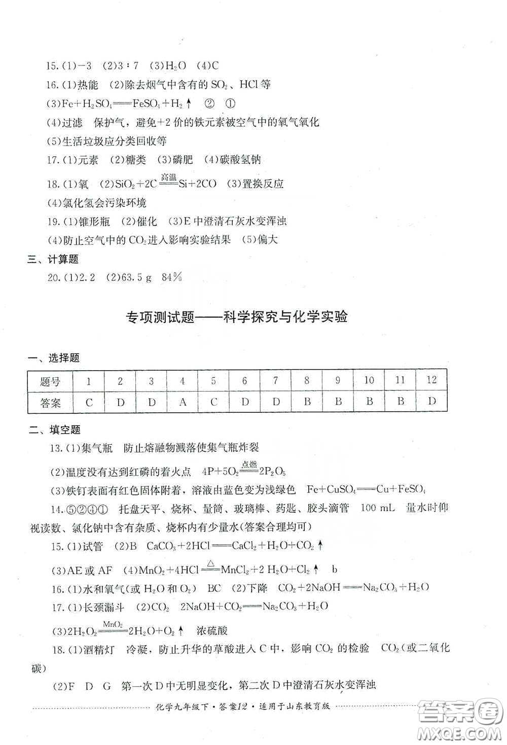 四川教育出版社2020課程標(biāo)準(zhǔn)初中單元測(cè)試九年級(jí)化學(xué)下冊(cè)山東教育版答案