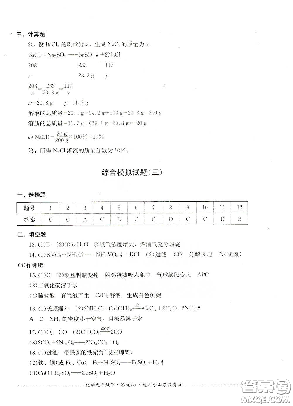 四川教育出版社2020課程標(biāo)準(zhǔn)初中單元測(cè)試九年級(jí)化學(xué)下冊(cè)山東教育版答案