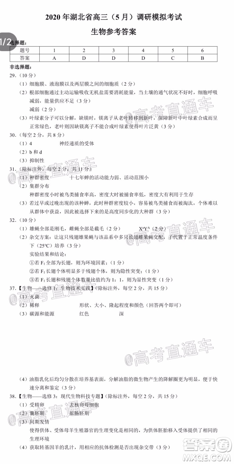 2020年湖北省高三5月調(diào)研模擬考試?yán)砜凭C合試題及答案