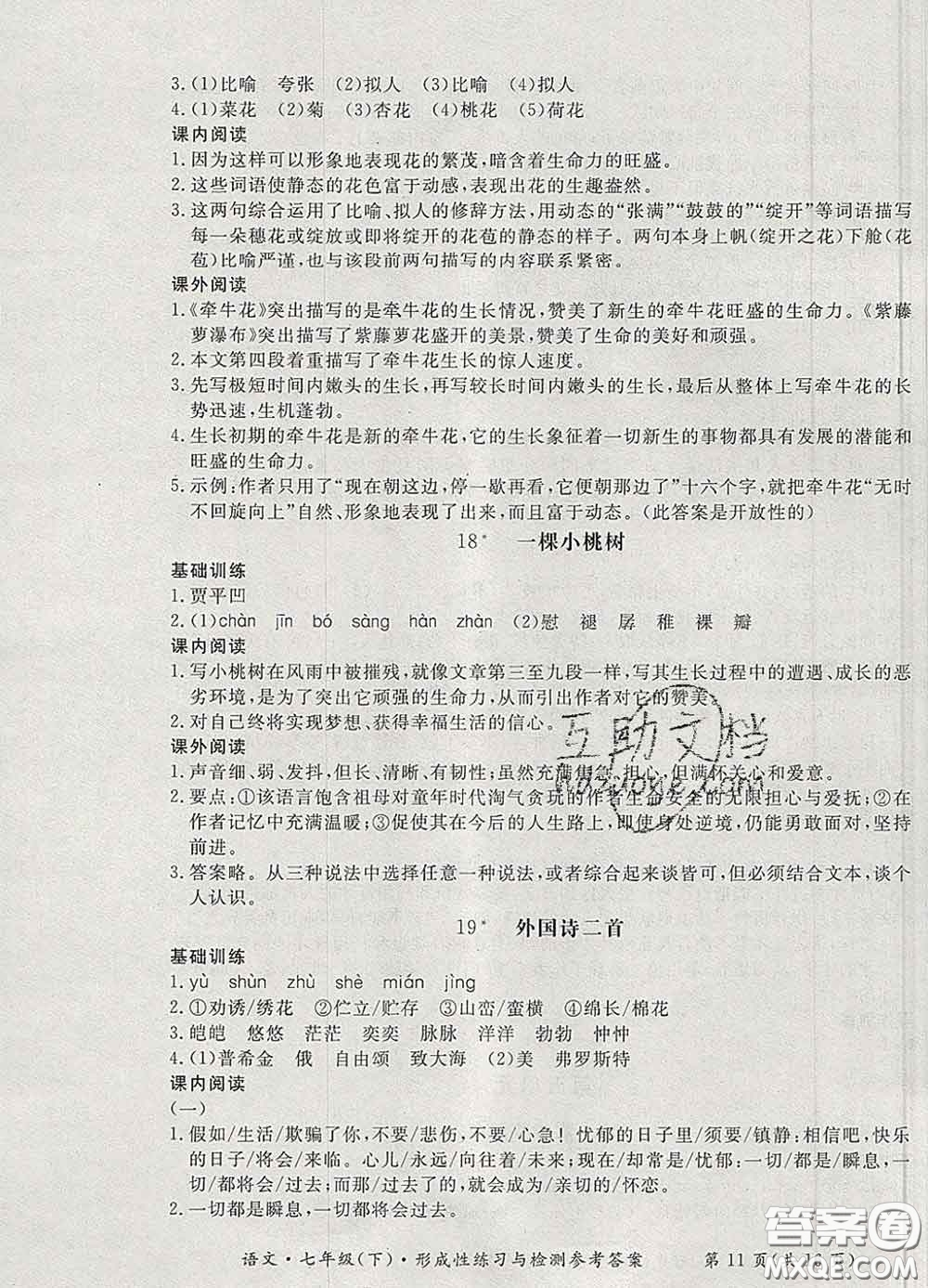 2020新版新課標(biāo)形成性練習(xí)與檢測七年級(jí)語文下冊(cè)人教版答案