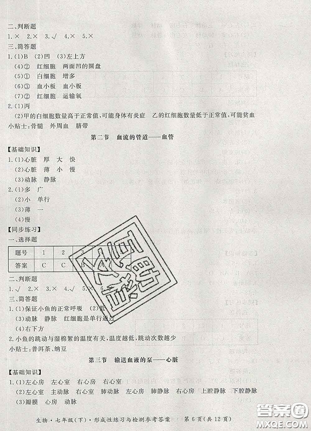 2020新版新課標(biāo)形成性練習(xí)與檢測七年級生物下冊人教版答案