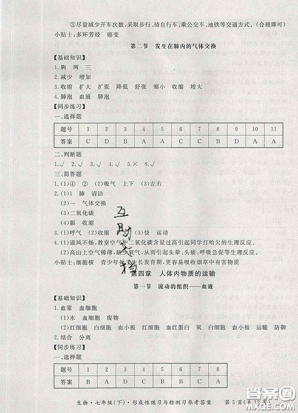 2020新版新課標(biāo)形成性練習(xí)與檢測七年級生物下冊人教版答案