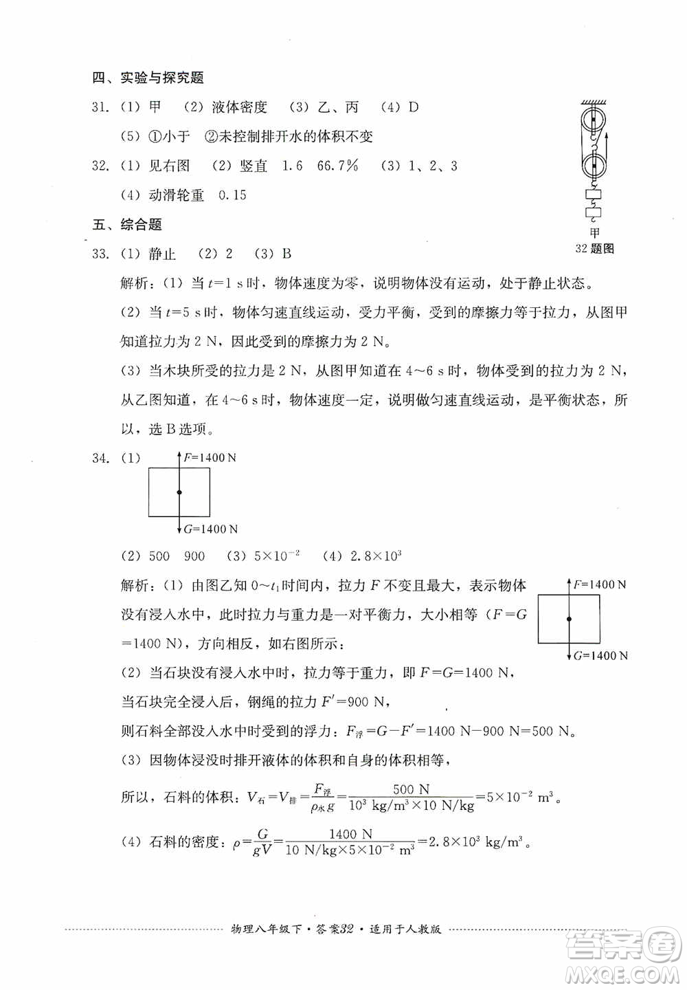 四川教育出版社2020課程標準初中單元測試八年級物理下冊人教版答案