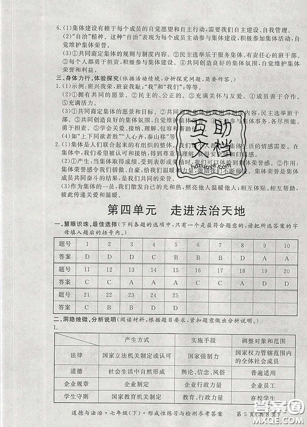 2020新版新課標(biāo)形成性練習(xí)與檢測七年級道德與法治下冊人教版答案