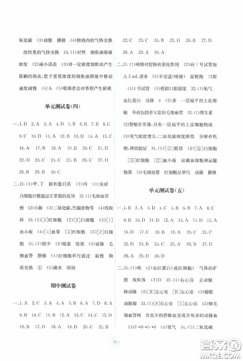 廣西教育出版社2020自主學(xué)習(xí)能力測評單元測試七年級生物下冊A版答案