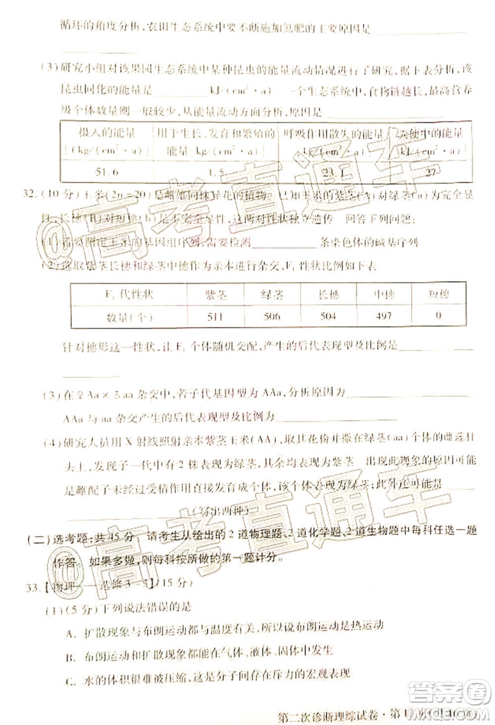 2020年甘肅省第二次高考診斷考試?yán)砜凭C合試題及答案