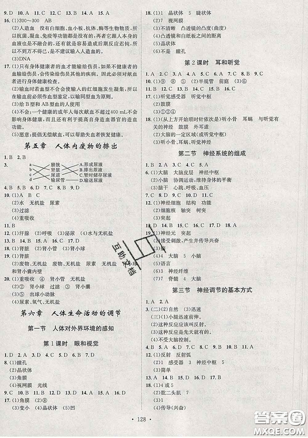 2020春思路教練同步課時作業(yè)七年級生物下冊人教版答案