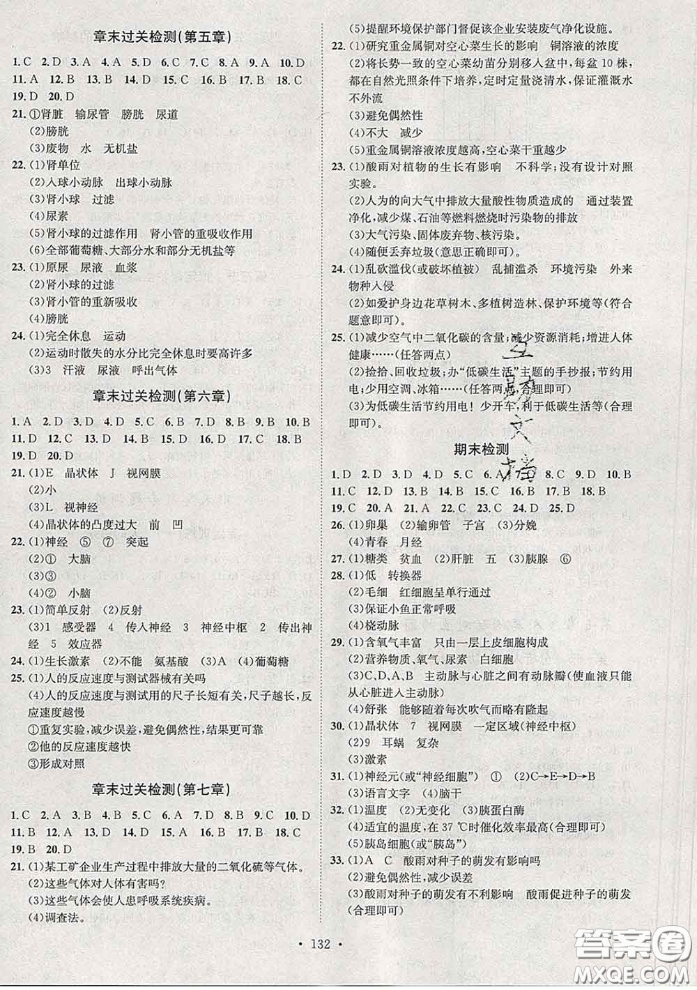 2020春思路教練同步課時作業(yè)七年級生物下冊人教版答案