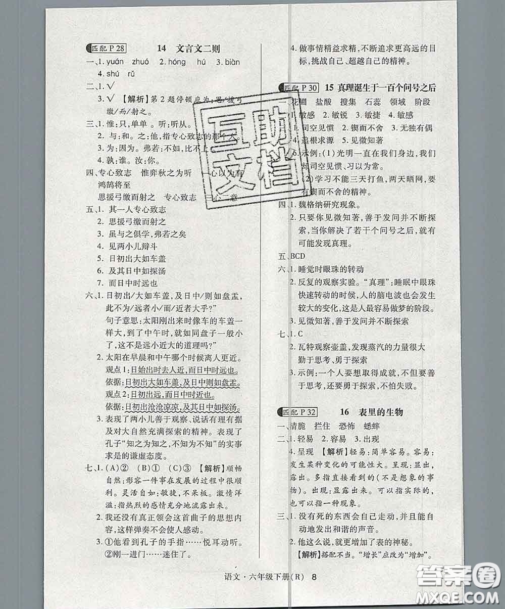 世界圖書出版社2020春狀元天天練六年級語文下冊人教版答案