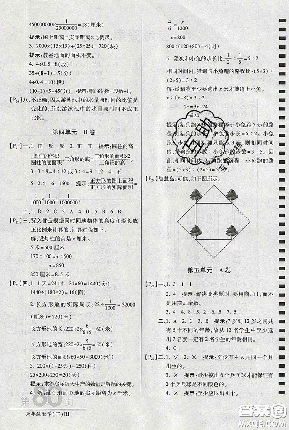 2020春新版最新AB卷小學(xué)六年級數(shù)學(xué)下冊人教版參考答案