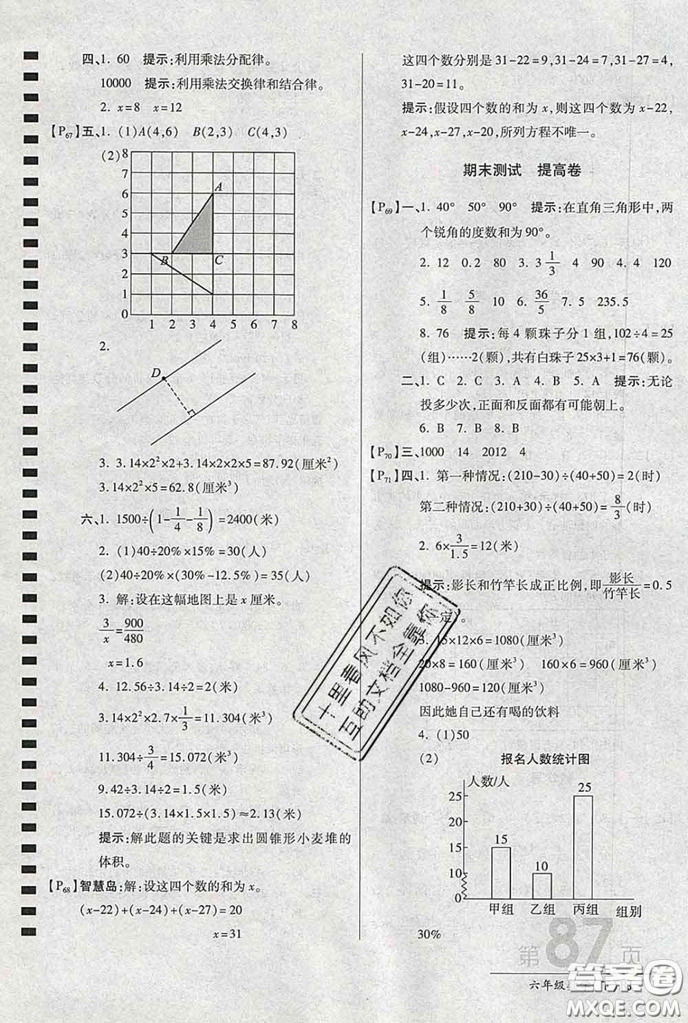 2020春新版最新AB卷小學(xué)六年級數(shù)學(xué)下冊人教版參考答案