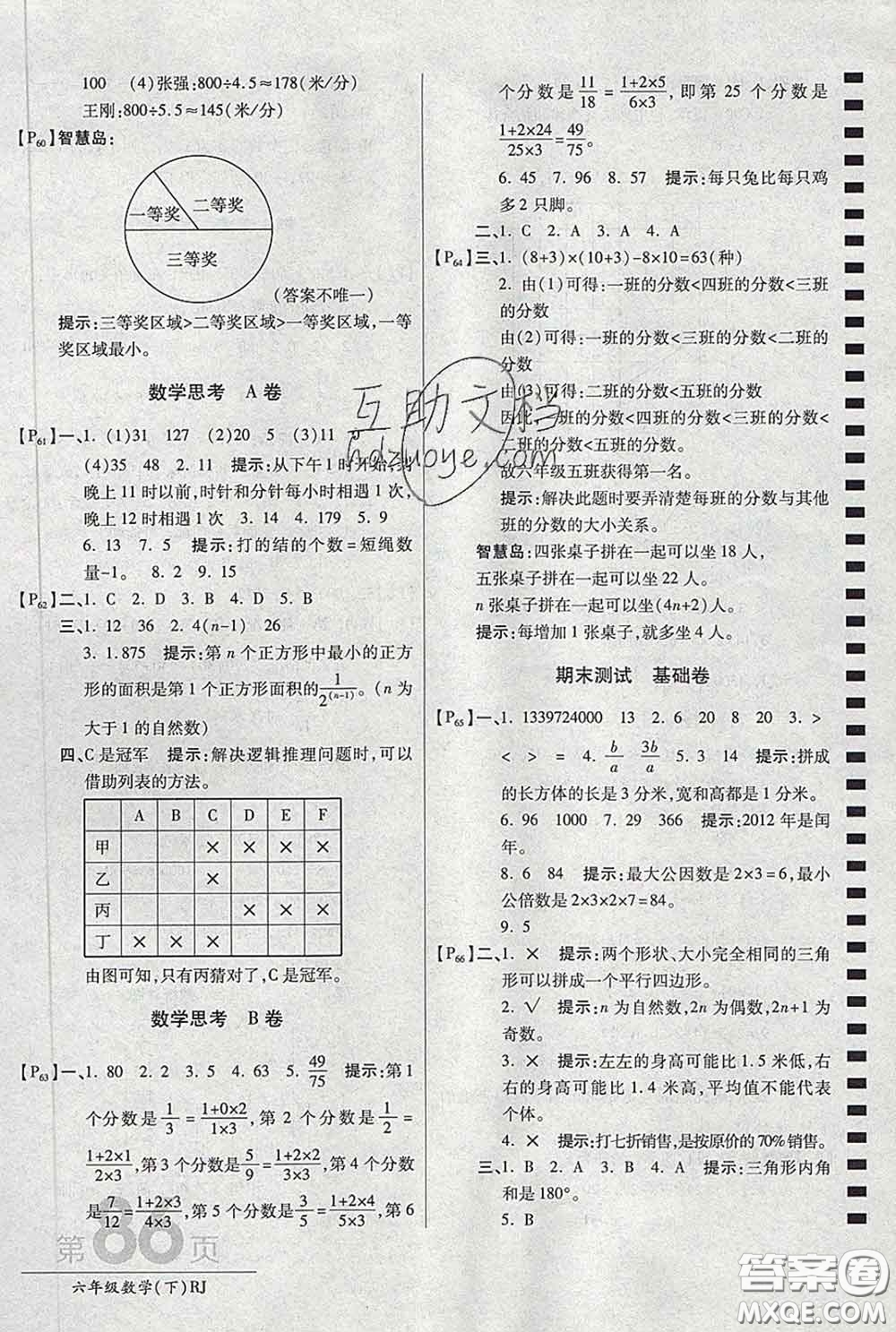 2020春新版最新AB卷小學(xué)六年級數(shù)學(xué)下冊人教版參考答案