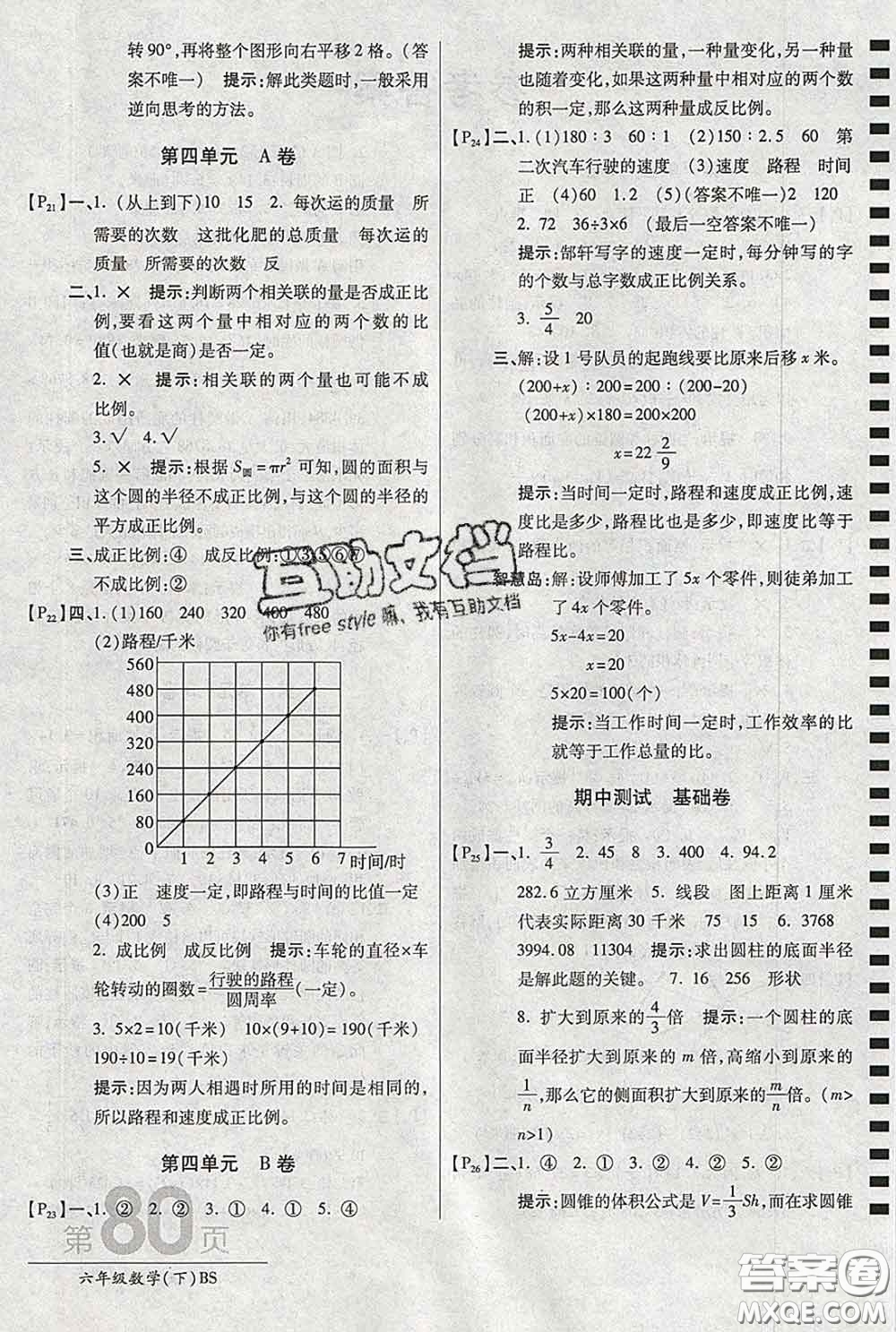 2020春新版最新AB卷小學六年級數學下冊北師版參考答案