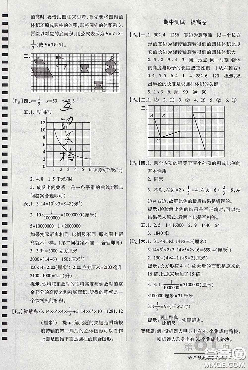 2020春新版最新AB卷小學六年級數學下冊北師版參考答案