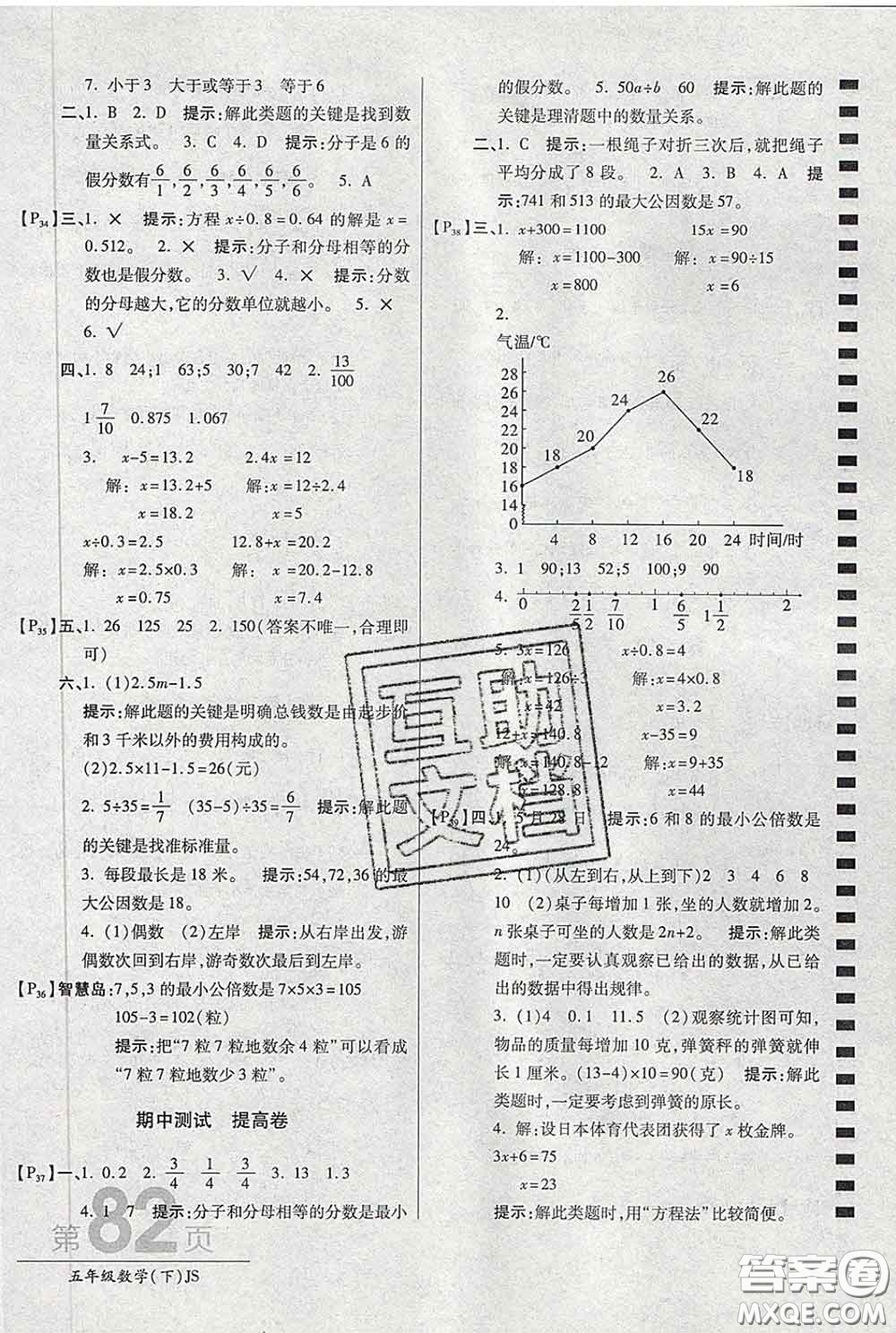 2020春新版最新AB卷小學(xué)五年級數(shù)學(xué)下冊蘇教版參考答案