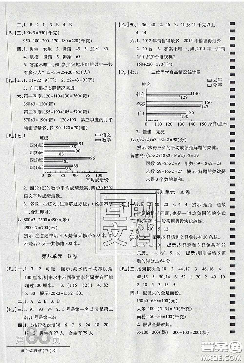 2020春新版最新AB卷小學(xué)四年級(jí)數(shù)學(xué)下冊(cè)人教版參考答案