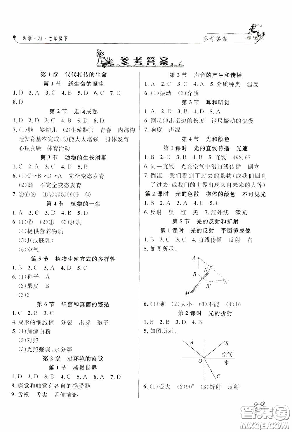 鐘書金牌2020過關(guān)沖刺100分七年級科學(xué)下冊浙教版答案