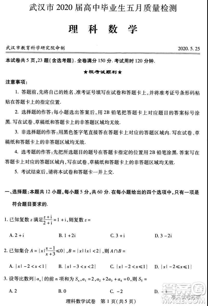 武漢市2020屆高中畢業(yè)生五月質量檢測理科數(shù)學試題及答案