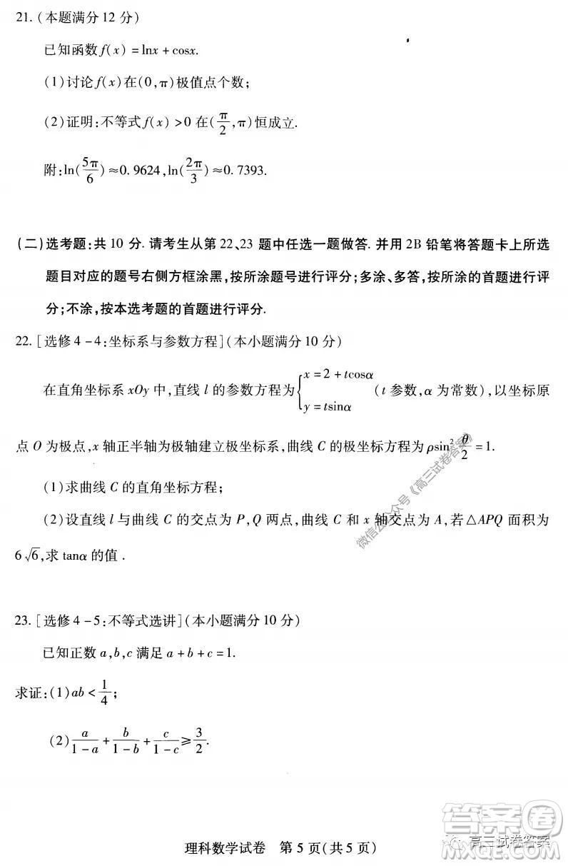 武漢市2020屆高中畢業(yè)生五月質量檢測理科數(shù)學試題及答案