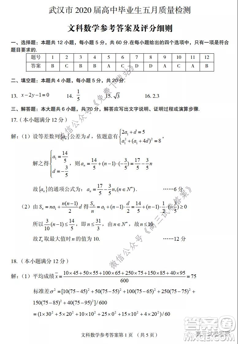 武漢市2020屆高中畢業(yè)生五月質(zhì)量檢測文科數(shù)學(xué)試題及答案