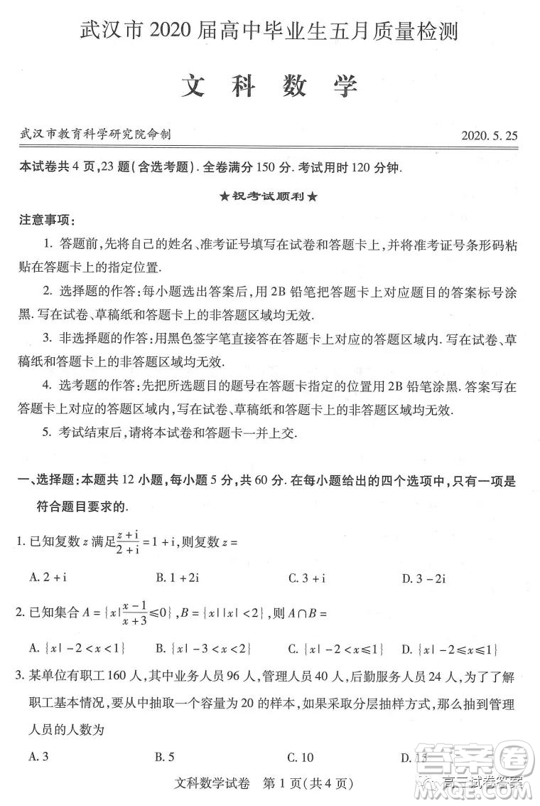 武漢市2020屆高中畢業(yè)生五月質(zhì)量檢測文科數(shù)學(xué)試題及答案