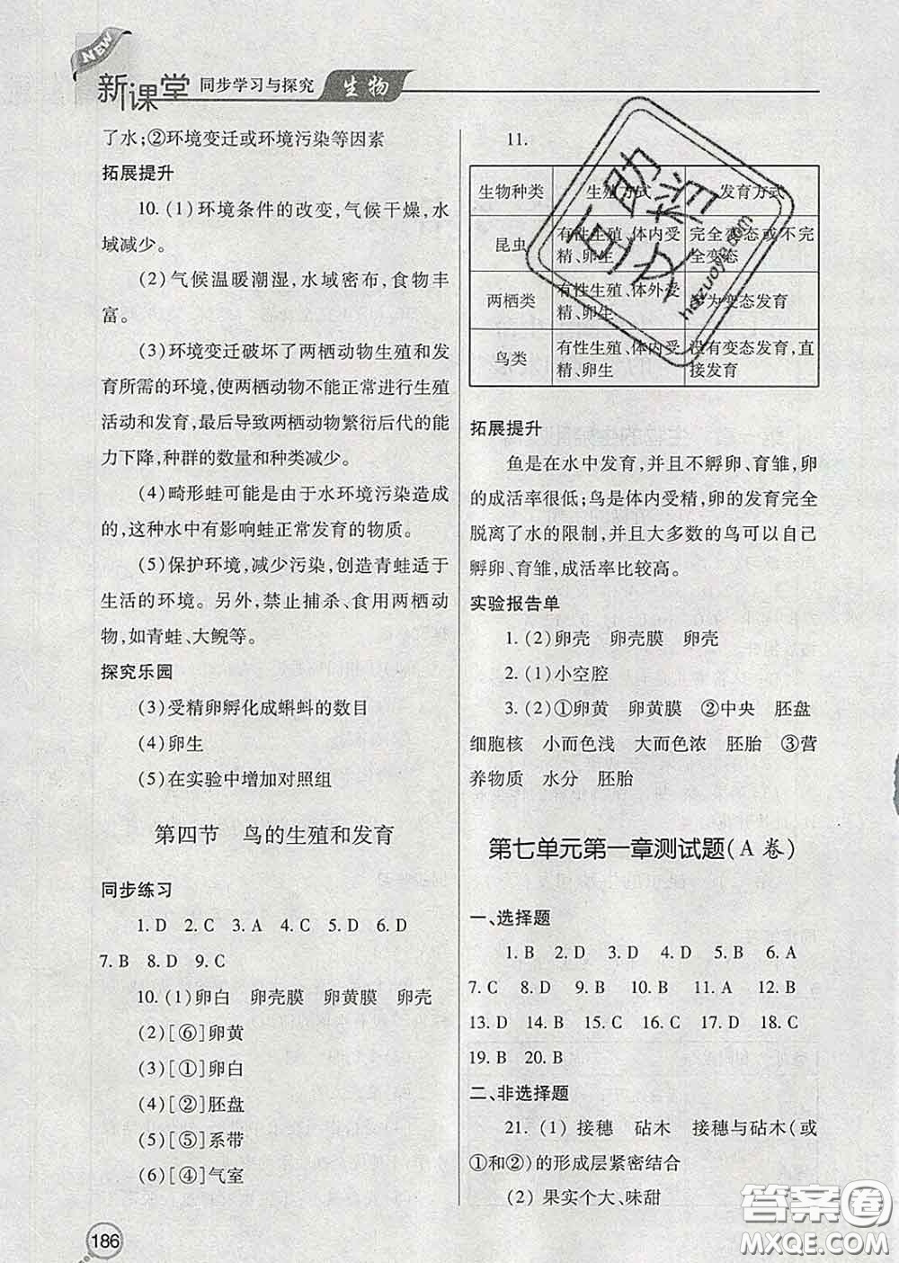 青島出版社2020春新課堂同步學(xué)習(xí)與探究八年級(jí)生物下冊(cè)答案