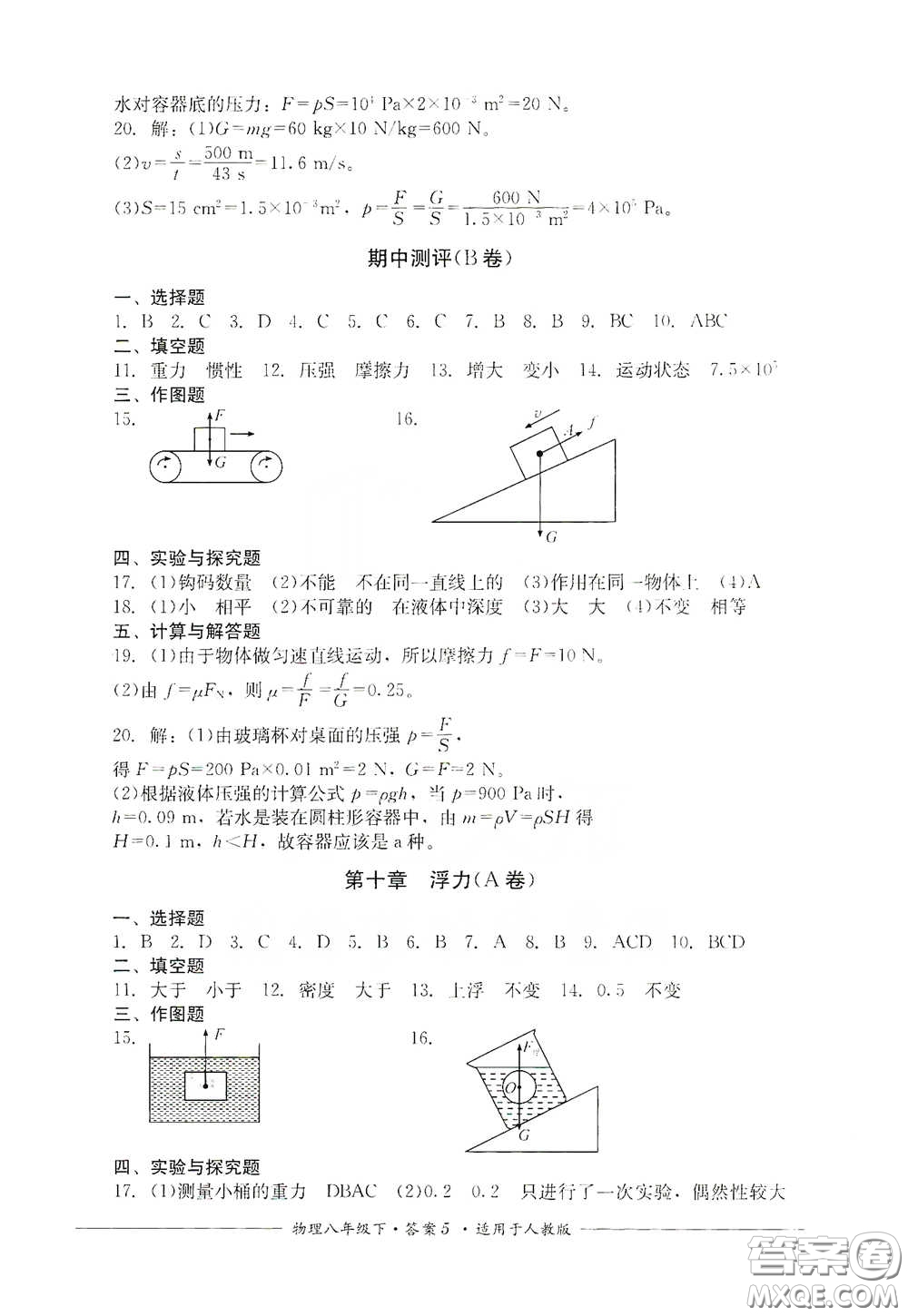 四川教育出版社2020單元測評(píng)八年級(jí)物理下冊(cè)人教版答案