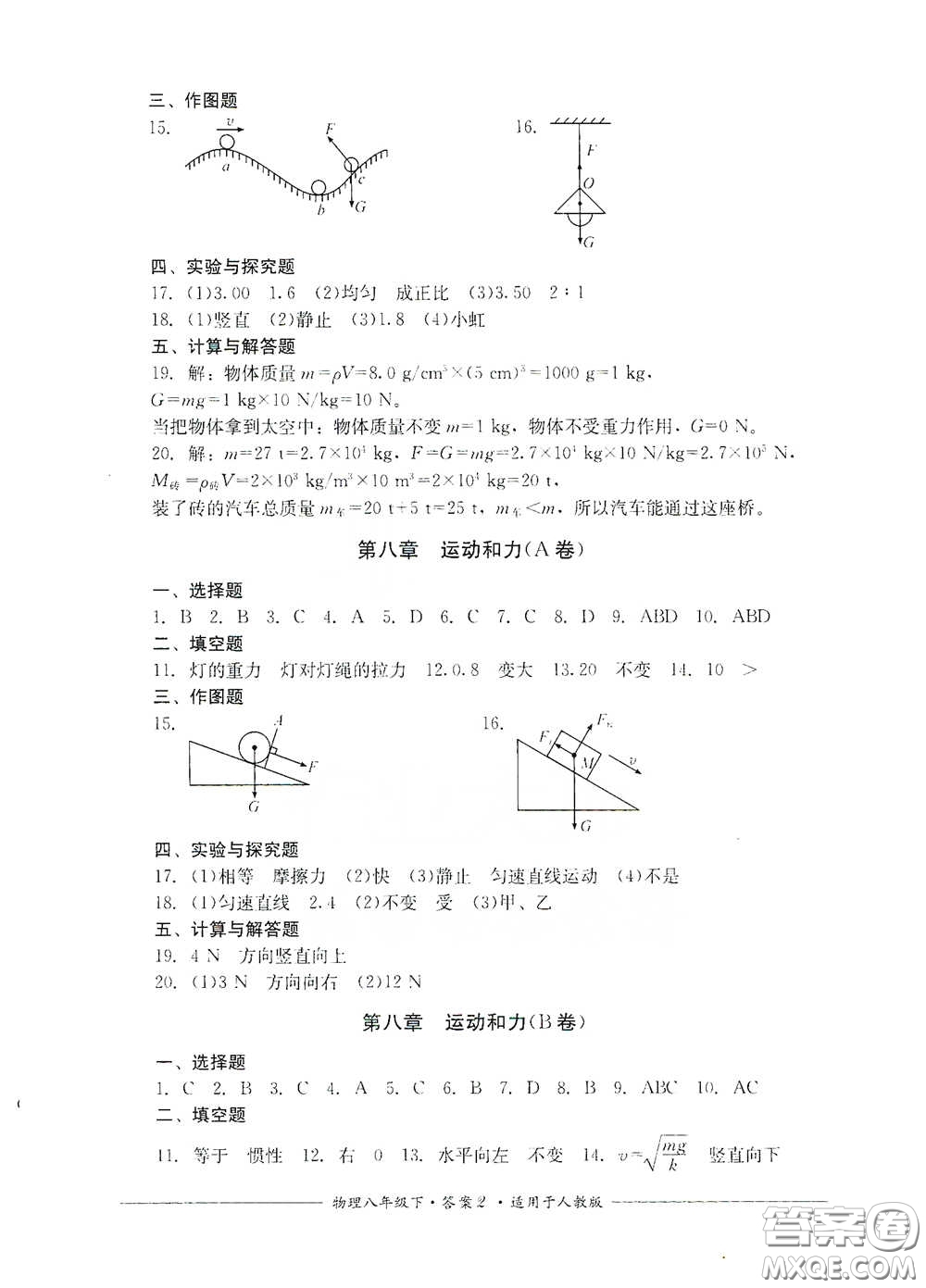 四川教育出版社2020單元測評(píng)八年級(jí)物理下冊(cè)人教版答案