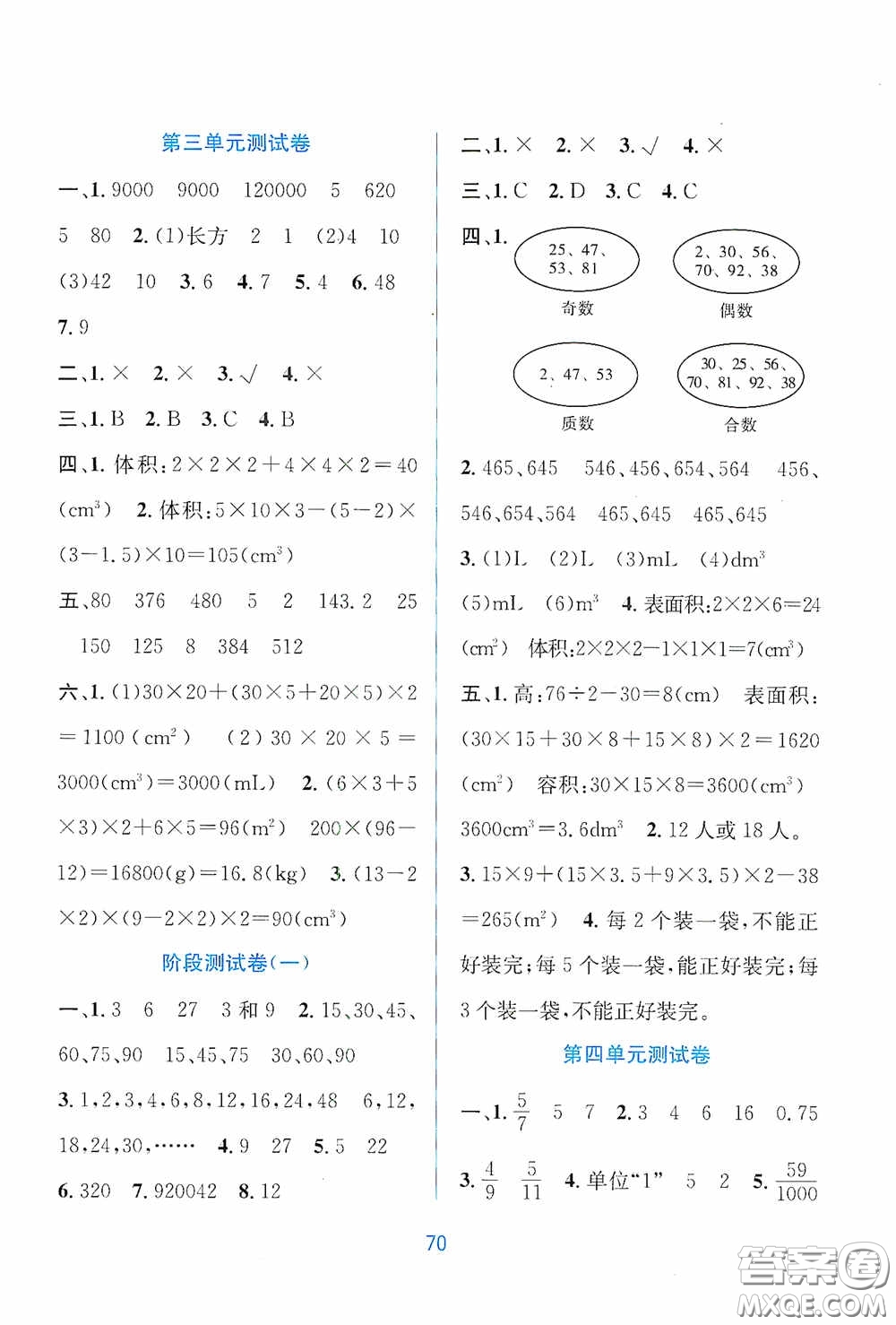 希望出版社2020全程檢測單元測試卷五年級數(shù)學(xué)下冊A版答案