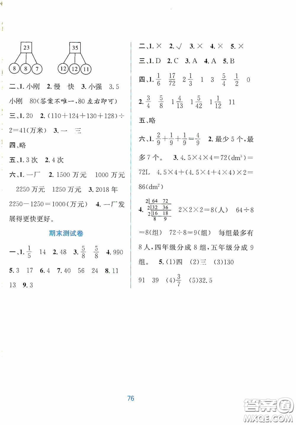 希望出版社2020全程檢測單元測試卷五年級數(shù)學(xué)下冊A版答案