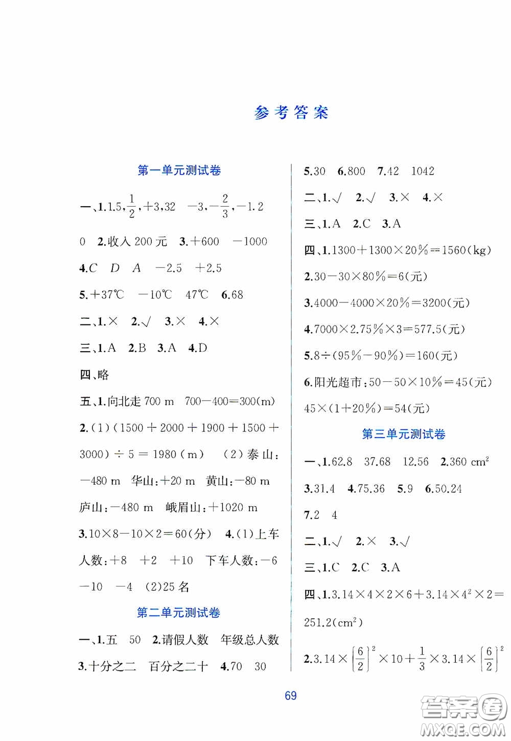 希望出版社2020全程檢測單元測試卷六年級數(shù)學(xué)下冊A版答案