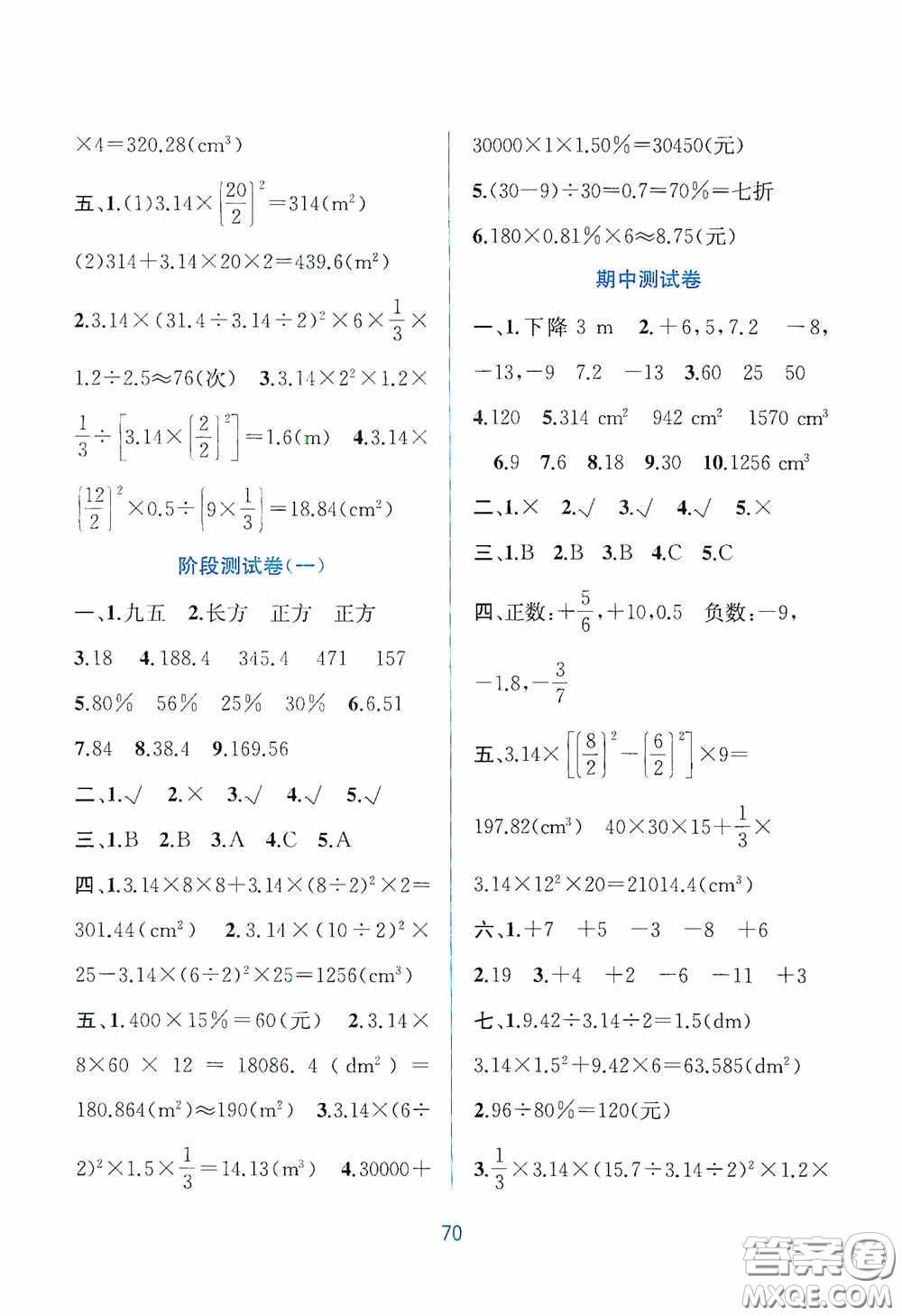 希望出版社2020全程檢測單元測試卷六年級數(shù)學(xué)下冊A版答案