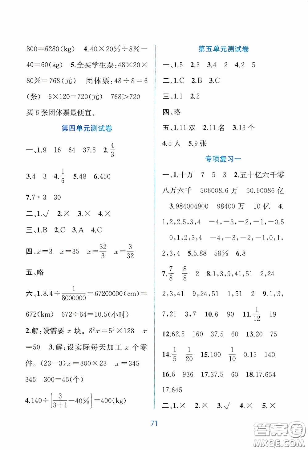 希望出版社2020全程檢測單元測試卷六年級數(shù)學(xué)下冊A版答案