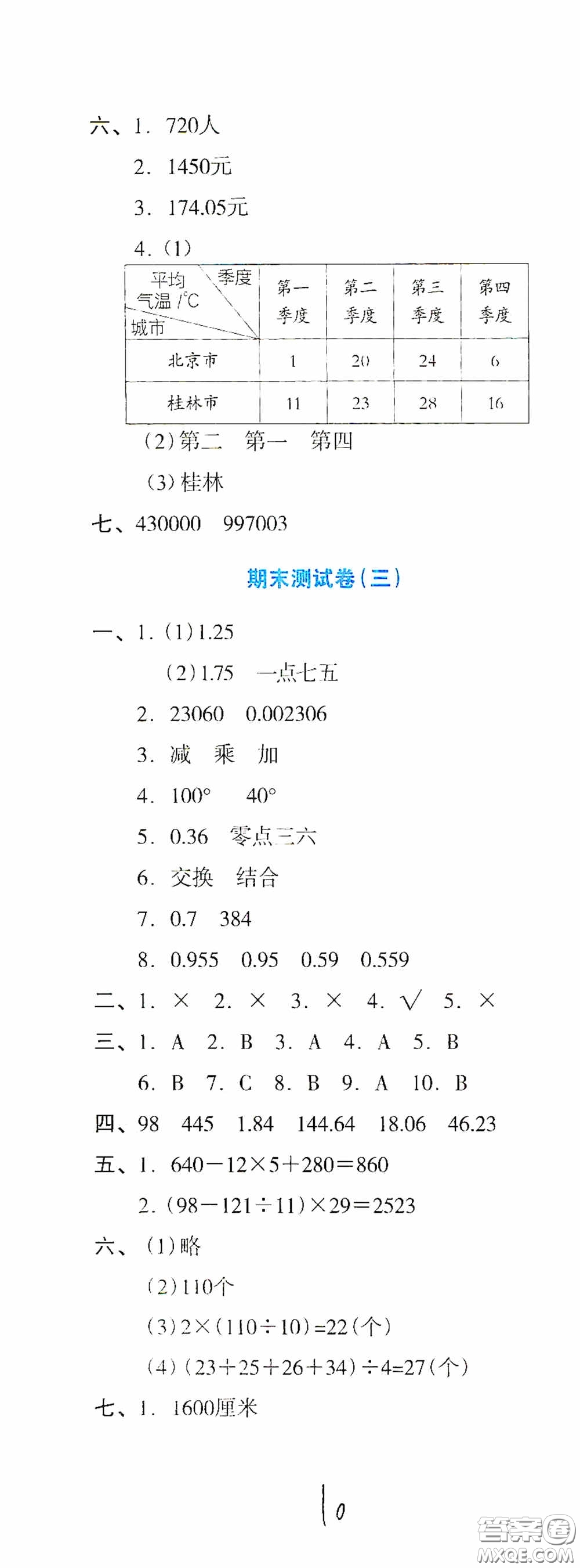 湖南教育出版社2020湘教考苑單元測試卷四年級數(shù)學(xué)下冊人教版答案