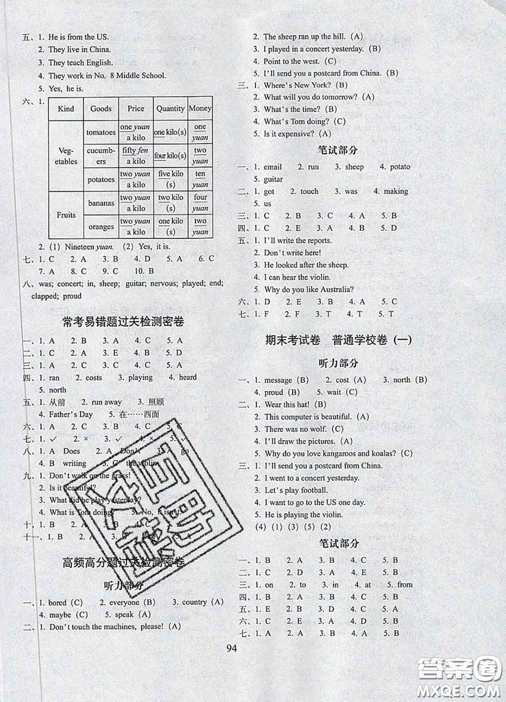 2020春期末沖刺100分完全試卷四年級英語下冊外研版一起答案