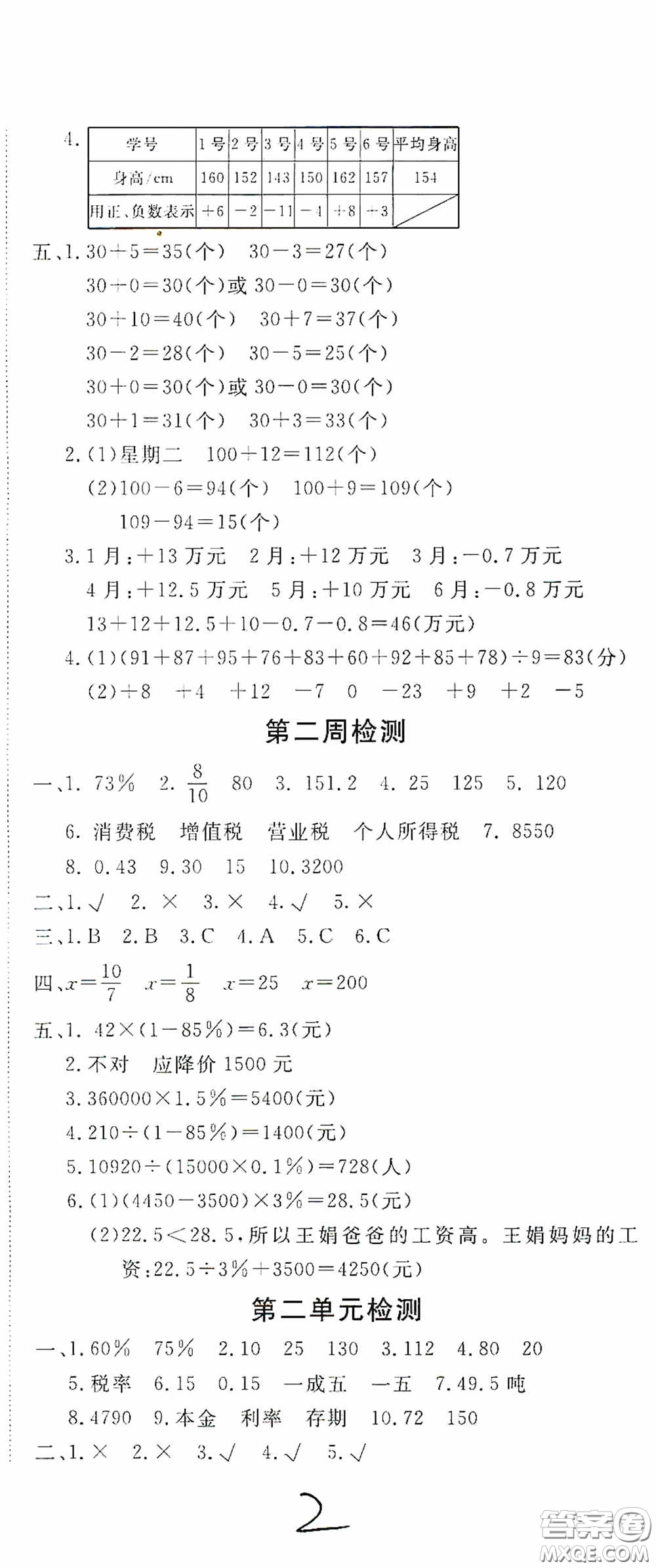 2020年全能練考卷六年級數(shù)學下冊人教版答案