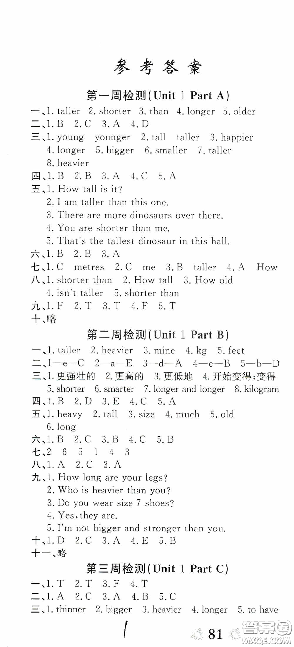 2020年全能練考卷六年級英語下冊人教版答案