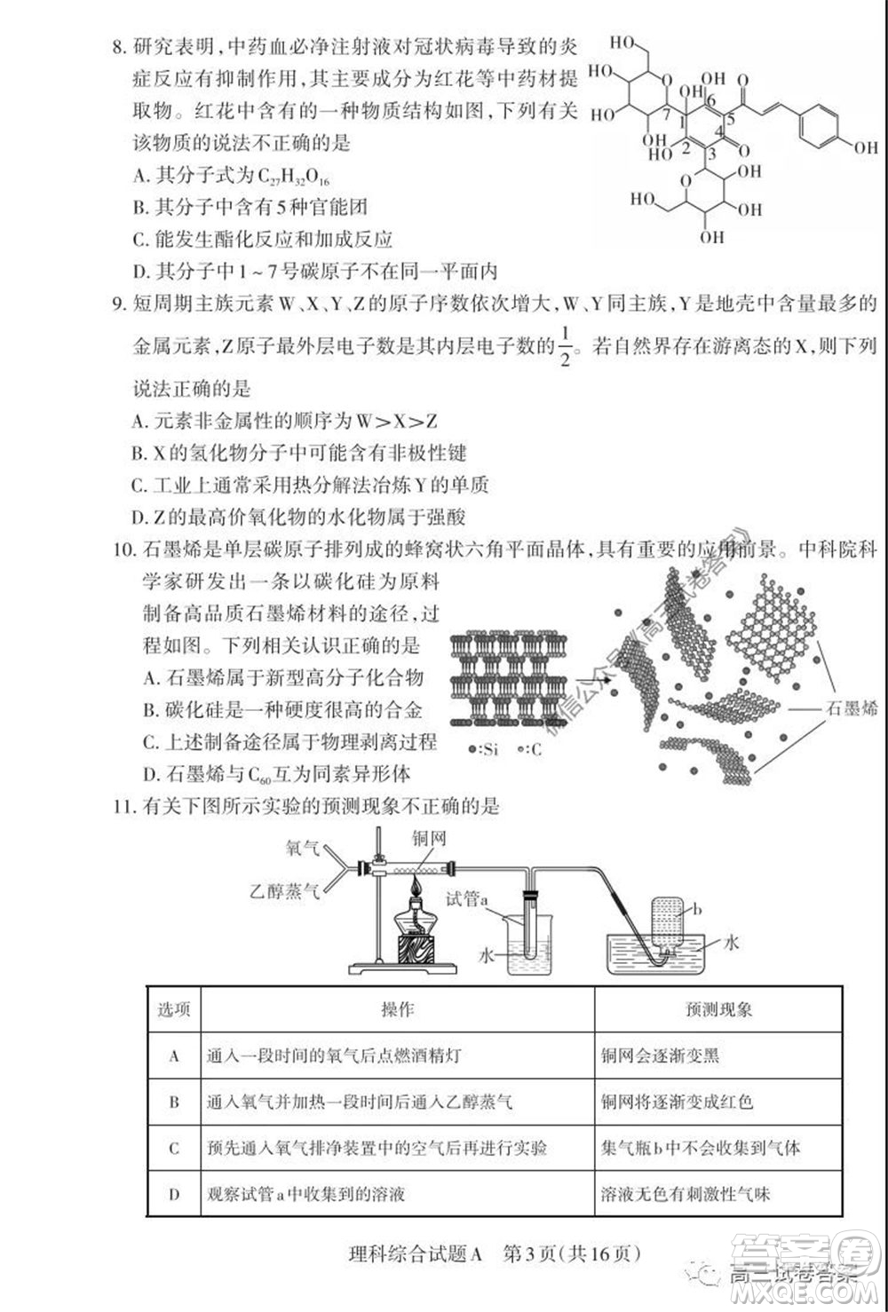 2020年山西省高考考前適應性測試二理科綜合試題及答案