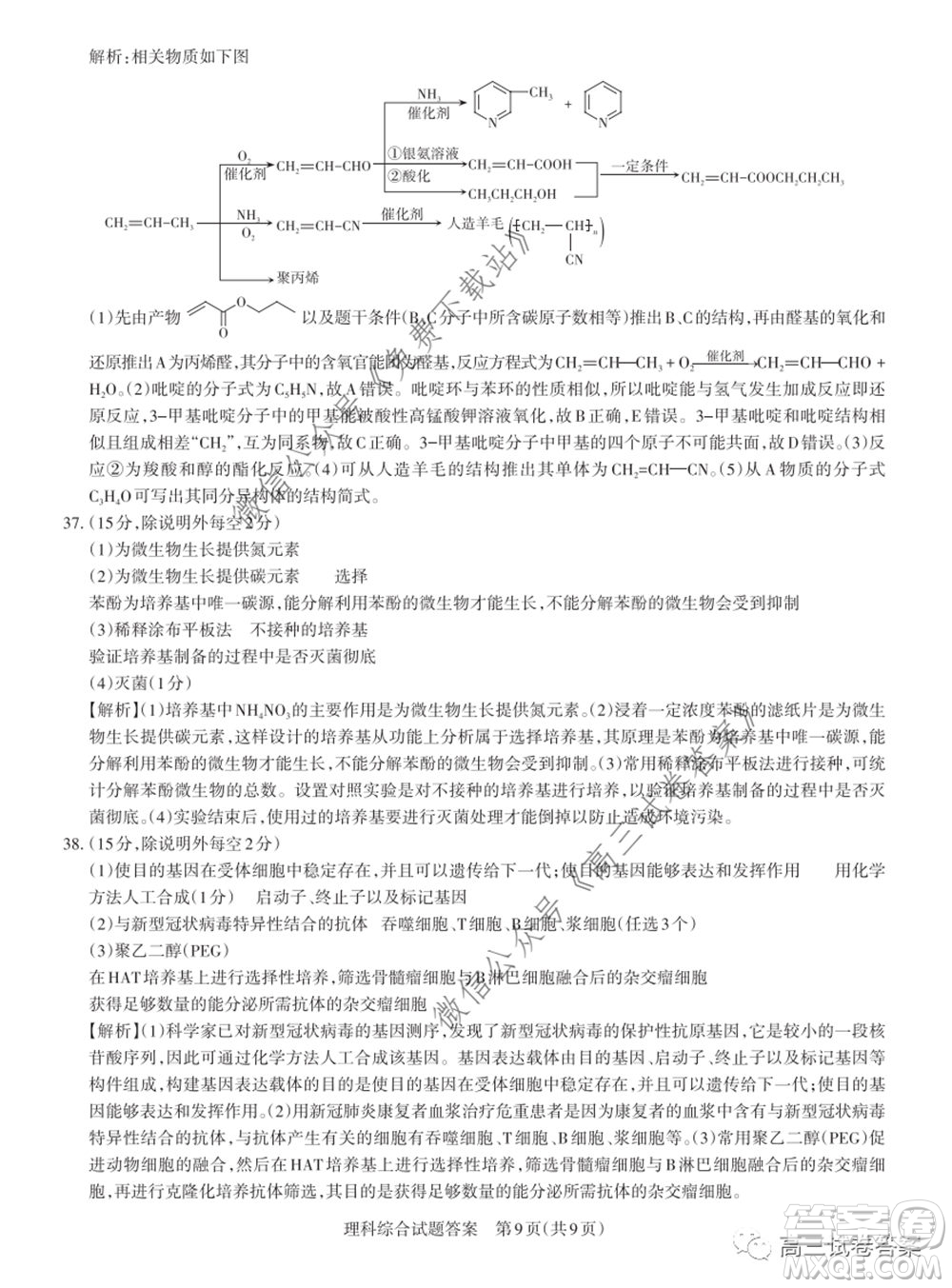 2020年山西省高考考前適應性測試二理科綜合試題及答案