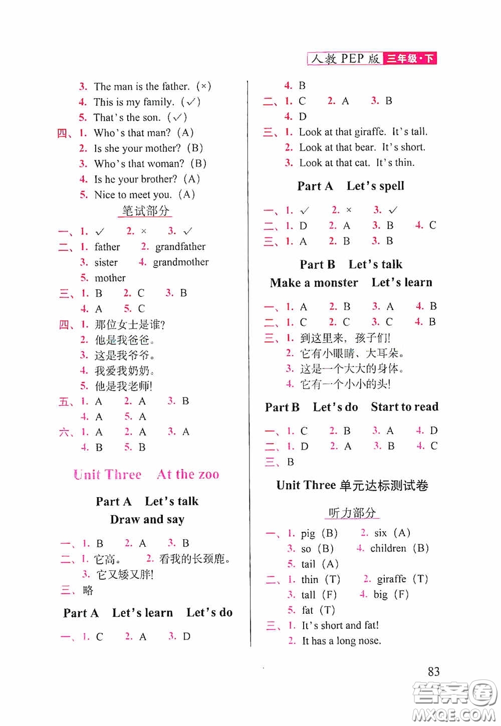 2020隨堂檢測(cè)天天練三年級(jí)英語(yǔ)下冊(cè)人教版答案