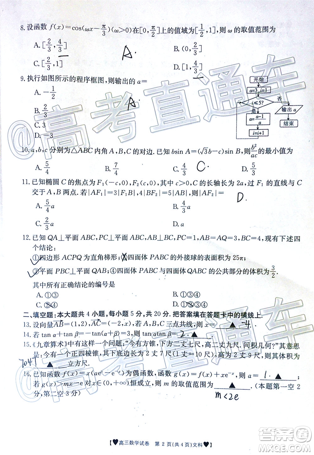 2020年金太陽全國5月百萬聯(lián)考全國二卷文科數(shù)學(xué)試題及答案