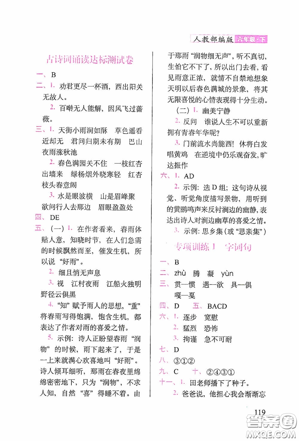 2020隨堂檢測(cè)天天練六年級(jí)語文下冊(cè)人教版答案