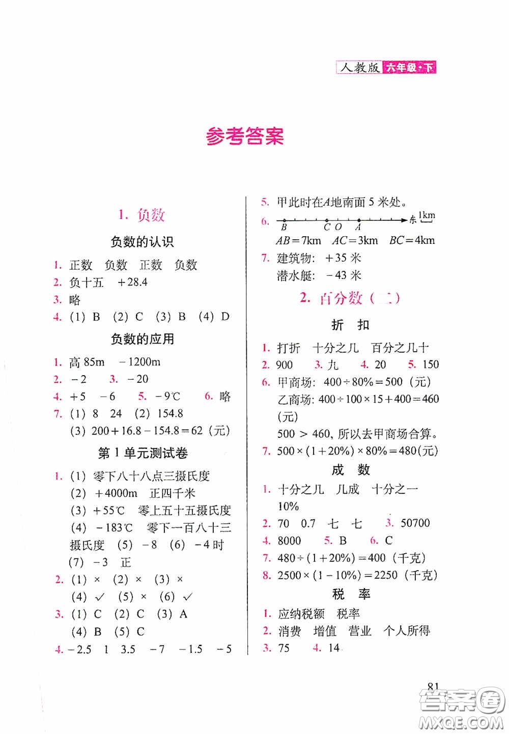 2020隨堂檢測(cè)天天練六年級(jí)數(shù)學(xué)下冊(cè)人教版答案