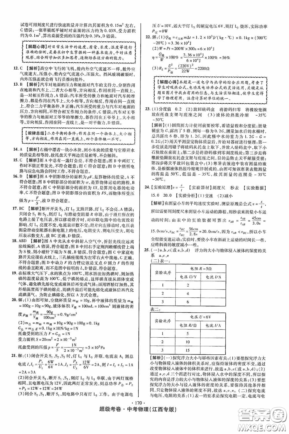 超級(jí)考卷2020江西中考必做試卷物理答案