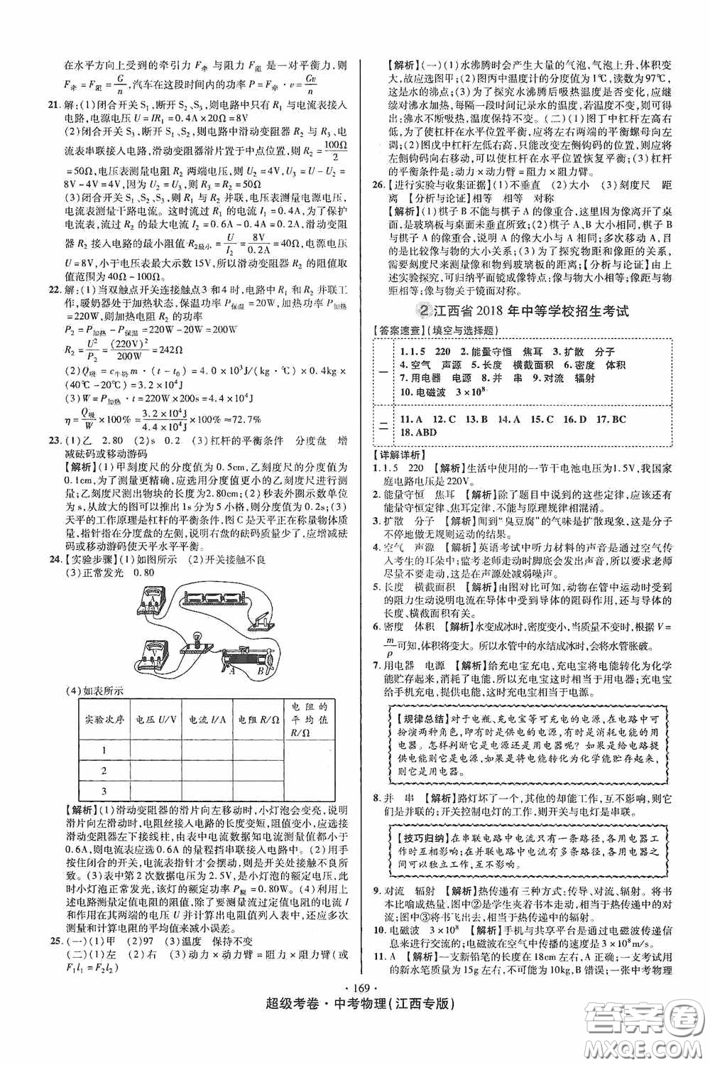 超級(jí)考卷2020江西中考必做試卷物理答案