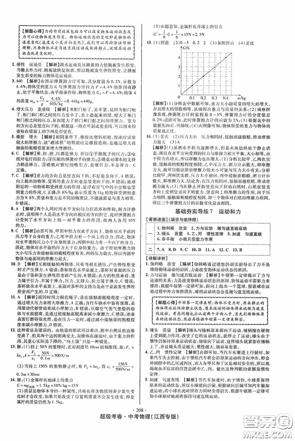 超級(jí)考卷2020江西中考必做試卷物理答案