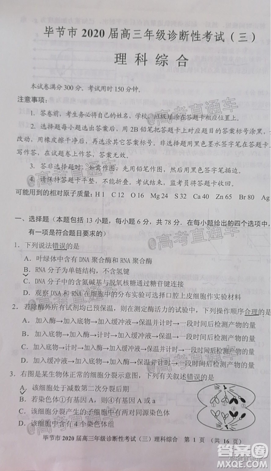 畢節(jié)市2020屆高三年級診斷性考試三理科綜合試題及答案